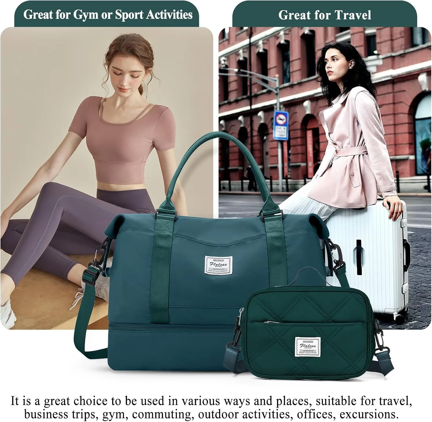Weekender Bags for Women,Personal Item Travel Bag with Shoes Compartment,Overnight Travel Duffel Bag with Toiletry Bag, Ya-Peacock Blue-1012, Large