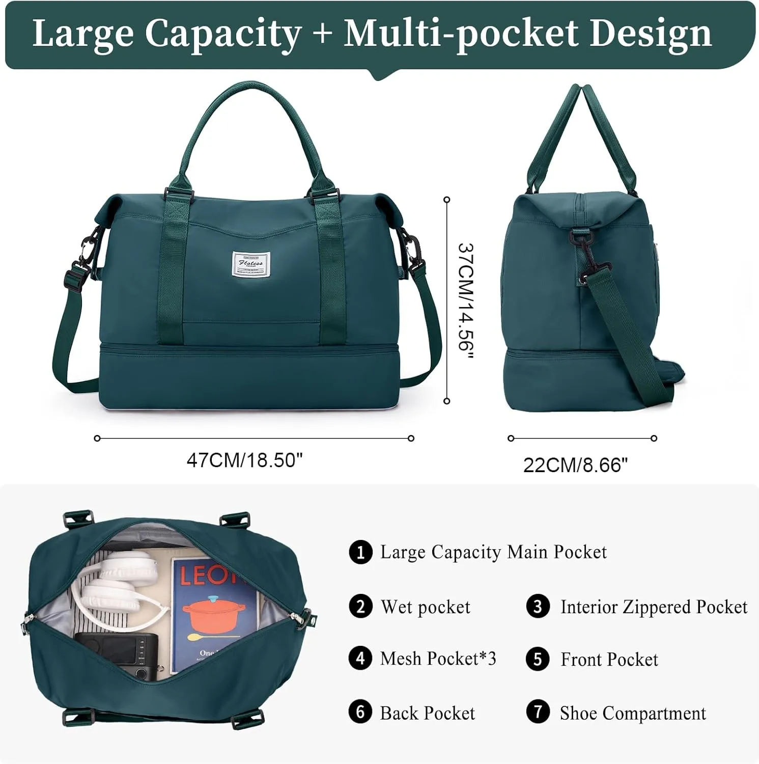 Weekender Bags for Women,Personal Item Travel Bag with Shoes Compartment,Overnight Travel Duffel Bag with Toiletry Bag, Ya-Peacock Blue-1012, Large