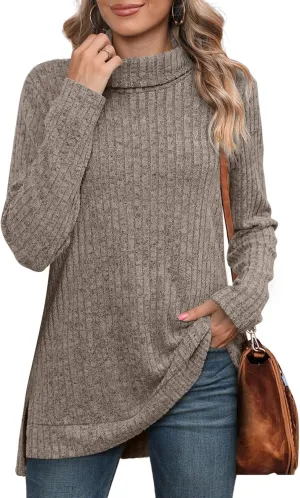 WIHOLL Womens Tunic Tops Turtleneck Long Sleeve Shirts Oversized Fall Sweaters Side Split High Low Hemline