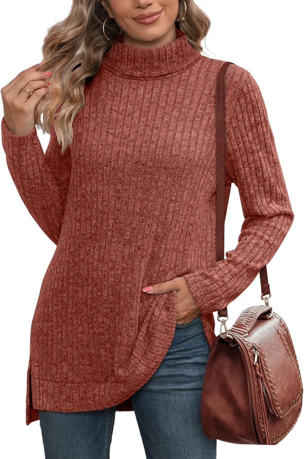 WIHOLL Womens Tunic Tops Turtleneck Long Sleeve Shirts Oversized Fall Sweaters Side Split High Low Hemline