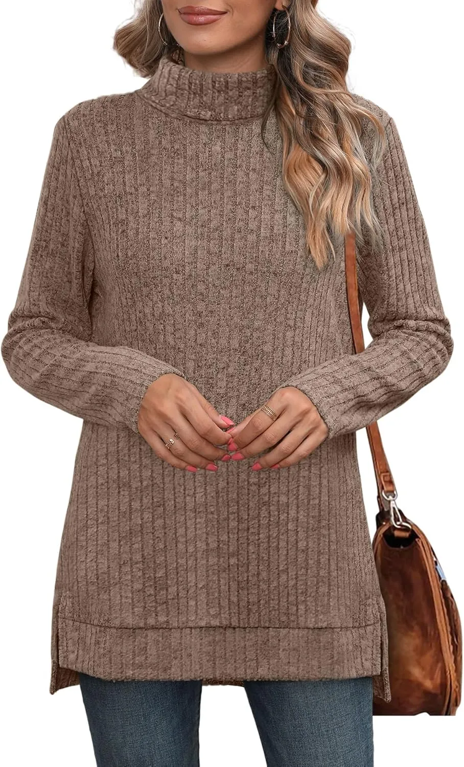 WIHOLL Womens Tunic Tops Turtleneck Long Sleeve Shirts Oversized Fall Sweaters Side Split High Low Hemline
