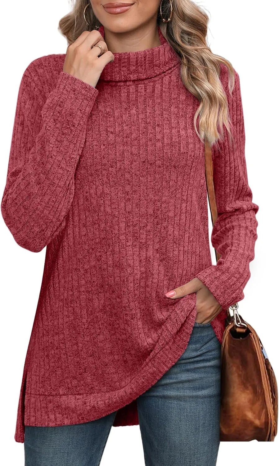 WIHOLL Womens Tunic Tops Turtleneck Long Sleeve Shirts Oversized Fall Sweaters Side Split High Low Hemline