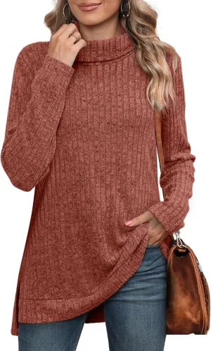 WIHOLL Womens Tunic Tops Turtleneck Long Sleeve Shirts Oversized Fall Sweaters Side Split High Low Hemline