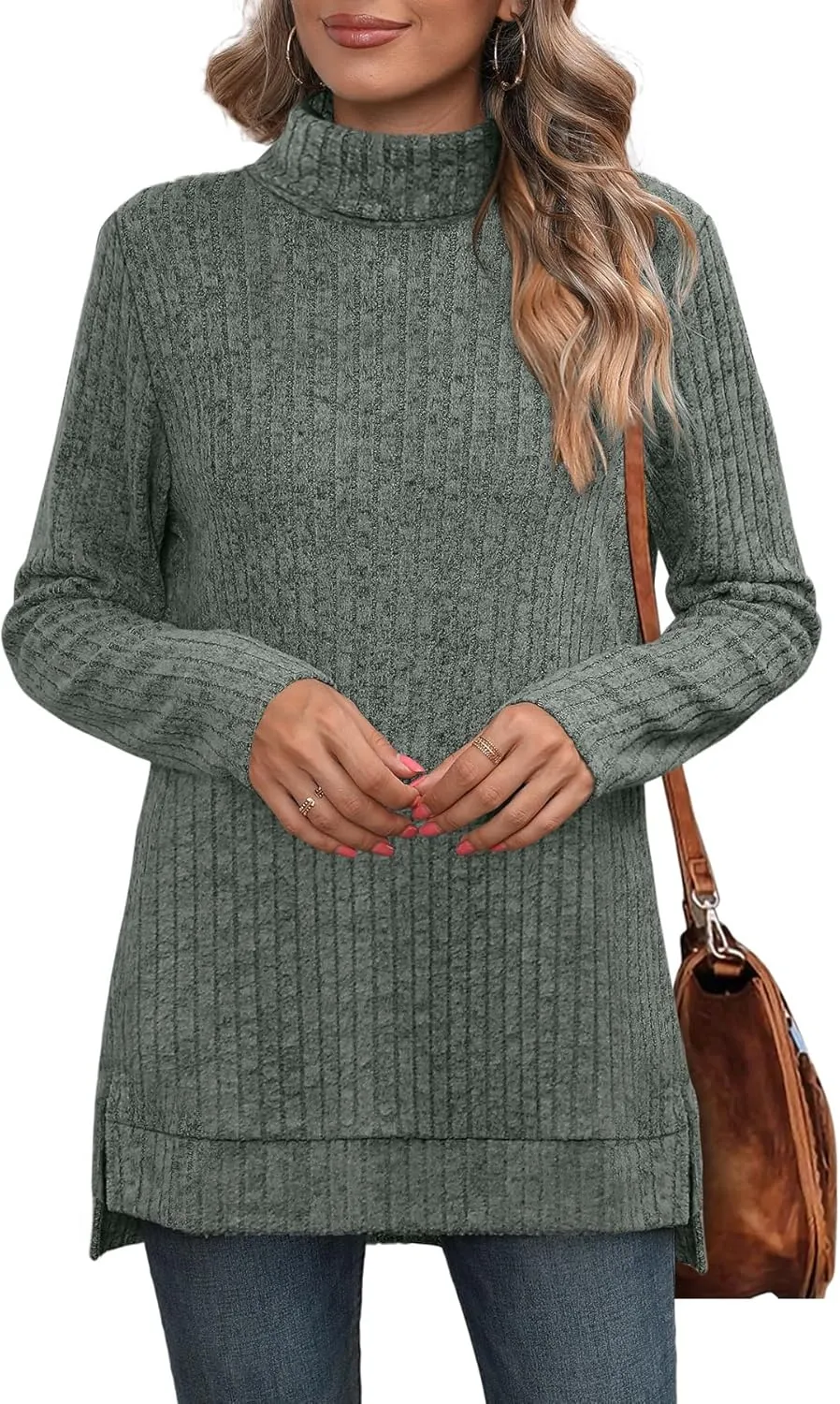 WIHOLL Womens Tunic Tops Turtleneck Long Sleeve Shirts Oversized Fall Sweaters Side Split High Low Hemline