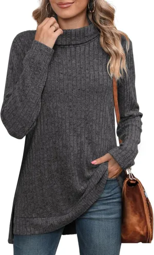 WIHOLL Womens Tunic Tops Turtleneck Long Sleeve Shirts Oversized Fall Sweaters Side Split High Low Hemline
