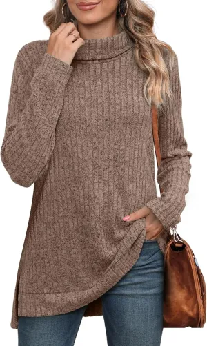 WIHOLL Womens Tunic Tops Turtleneck Long Sleeve Shirts Oversized Fall Sweaters Side Split High Low Hemline