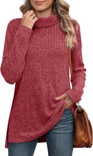 WIHOLL Womens Tunic Tops Turtleneck Long Sleeve Shirts Oversized Fall Sweaters Side Split High Low Hemline
