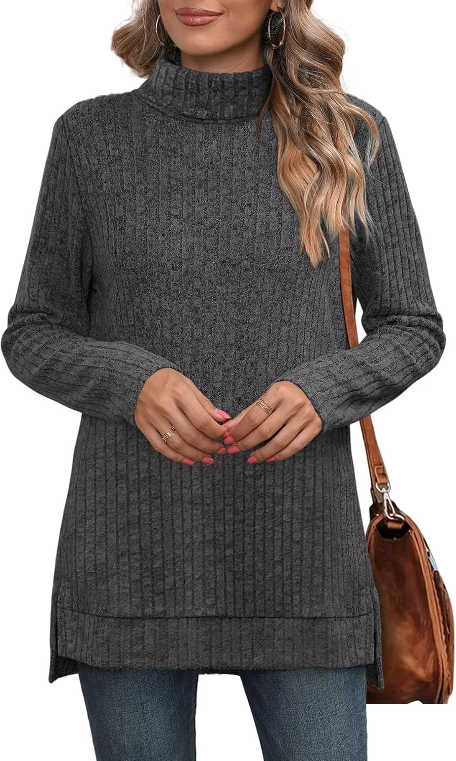 WIHOLL Womens Tunic Tops Turtleneck Long Sleeve Shirts Oversized Fall Sweaters Side Split High Low Hemline