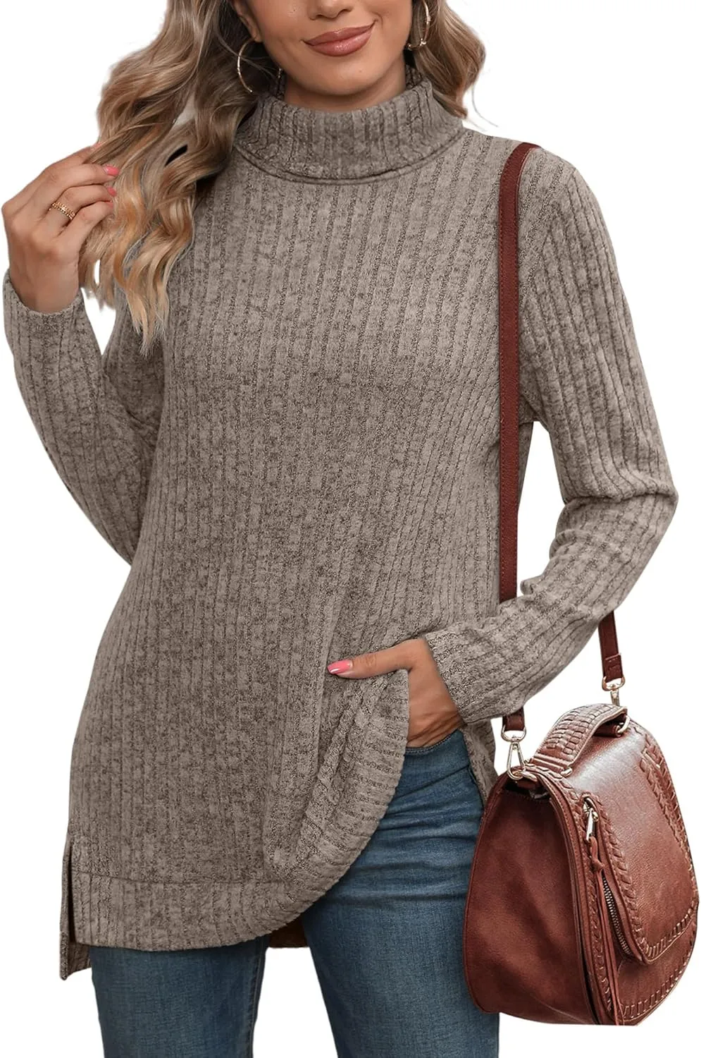 WIHOLL Womens Tunic Tops Turtleneck Long Sleeve Shirts Oversized Fall Sweaters Side Split High Low Hemline