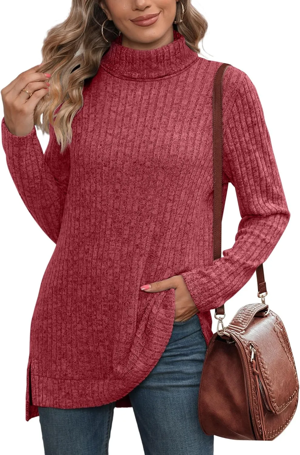 WIHOLL Womens Tunic Tops Turtleneck Long Sleeve Shirts Oversized Fall Sweaters Side Split High Low Hemline