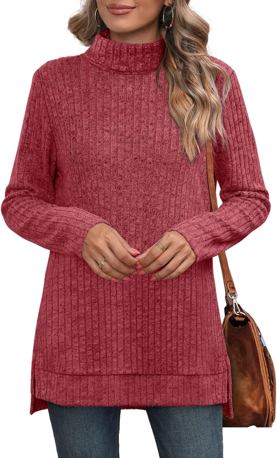 WIHOLL Womens Tunic Tops Turtleneck Long Sleeve Shirts Oversized Fall Sweaters Side Split High Low Hemline