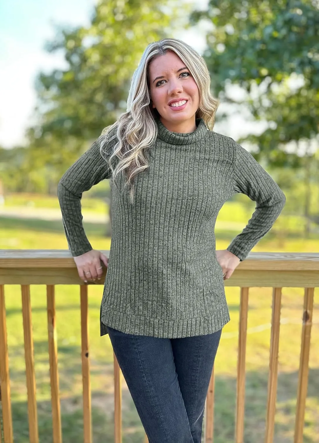 WIHOLL Womens Tunic Tops Turtleneck Long Sleeve Shirts Oversized Fall Sweaters Side Split High Low Hemline