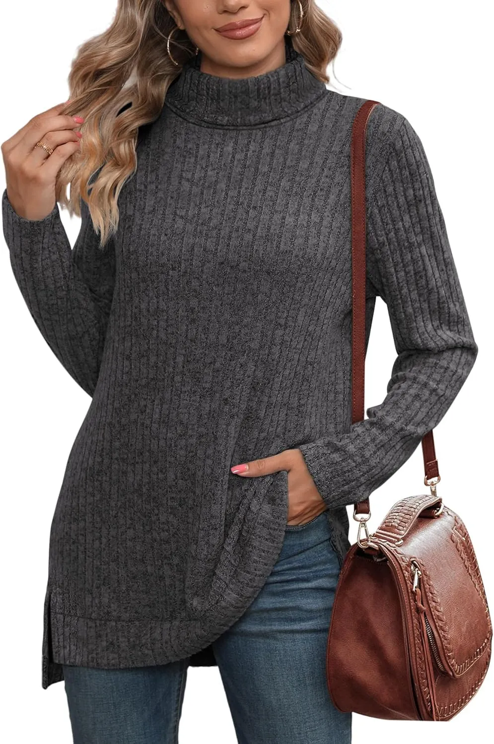 WIHOLL Womens Tunic Tops Turtleneck Long Sleeve Shirts Oversized Fall Sweaters Side Split High Low Hemline