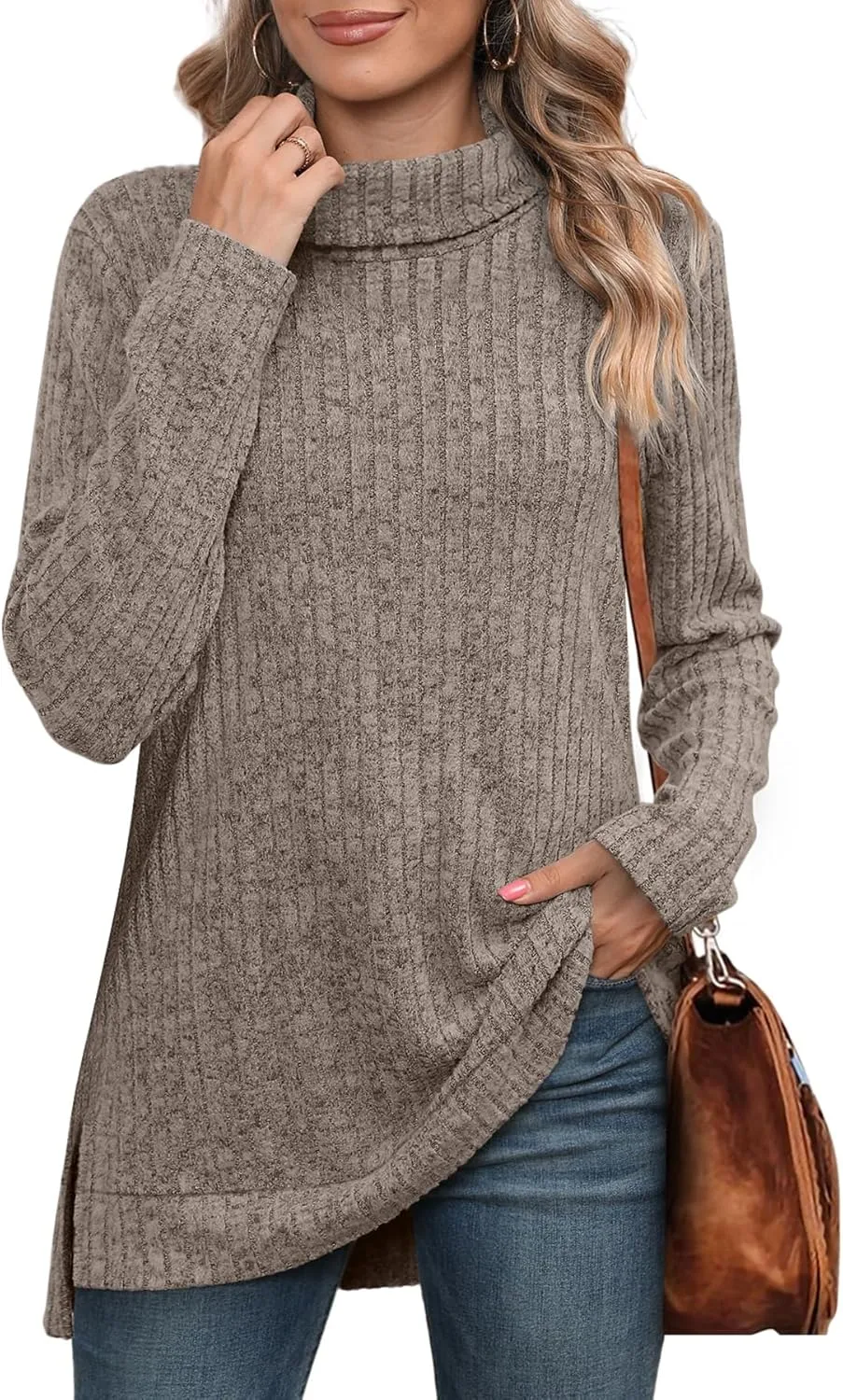 WIHOLL Womens Tunic Tops Turtleneck Long Sleeve Shirts Oversized Fall Sweaters Side Split High Low Hemline