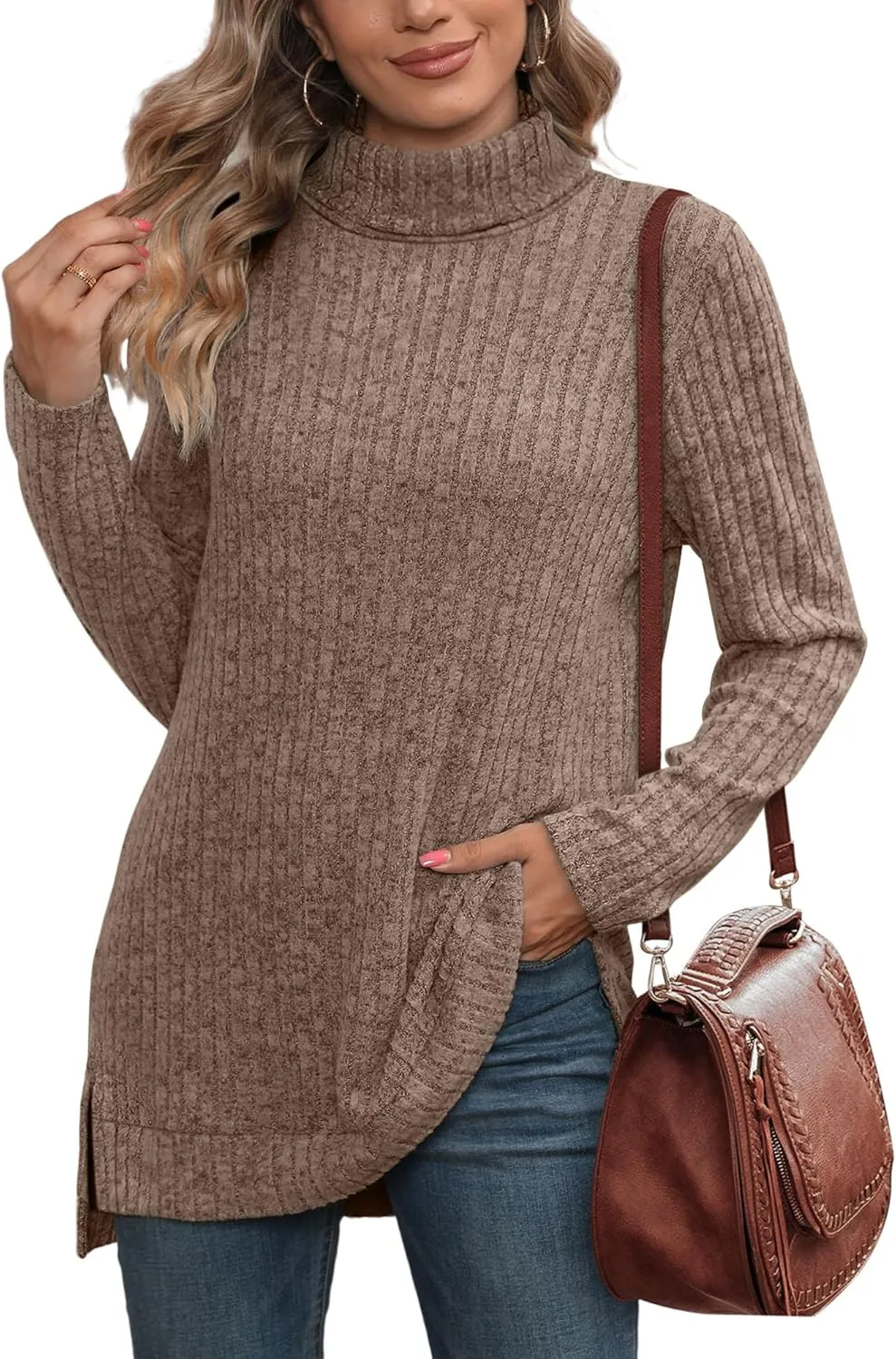 WIHOLL Womens Tunic Tops Turtleneck Long Sleeve Shirts Oversized Fall Sweaters Side Split High Low Hemline