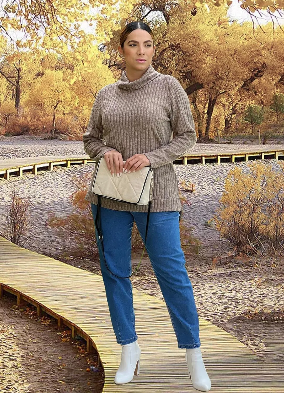 WIHOLL Womens Tunic Tops Turtleneck Long Sleeve Shirts Oversized Fall Sweaters Side Split High Low Hemline