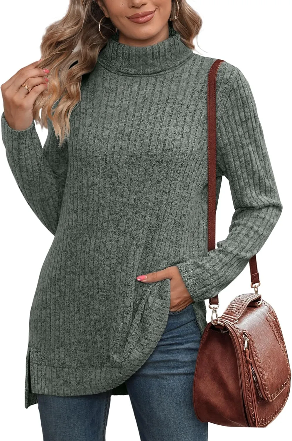 WIHOLL Womens Tunic Tops Turtleneck Long Sleeve Shirts Oversized Fall Sweaters Side Split High Low Hemline