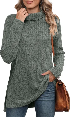 WIHOLL Womens Tunic Tops Turtleneck Long Sleeve Shirts Oversized Fall Sweaters Side Split High Low Hemline