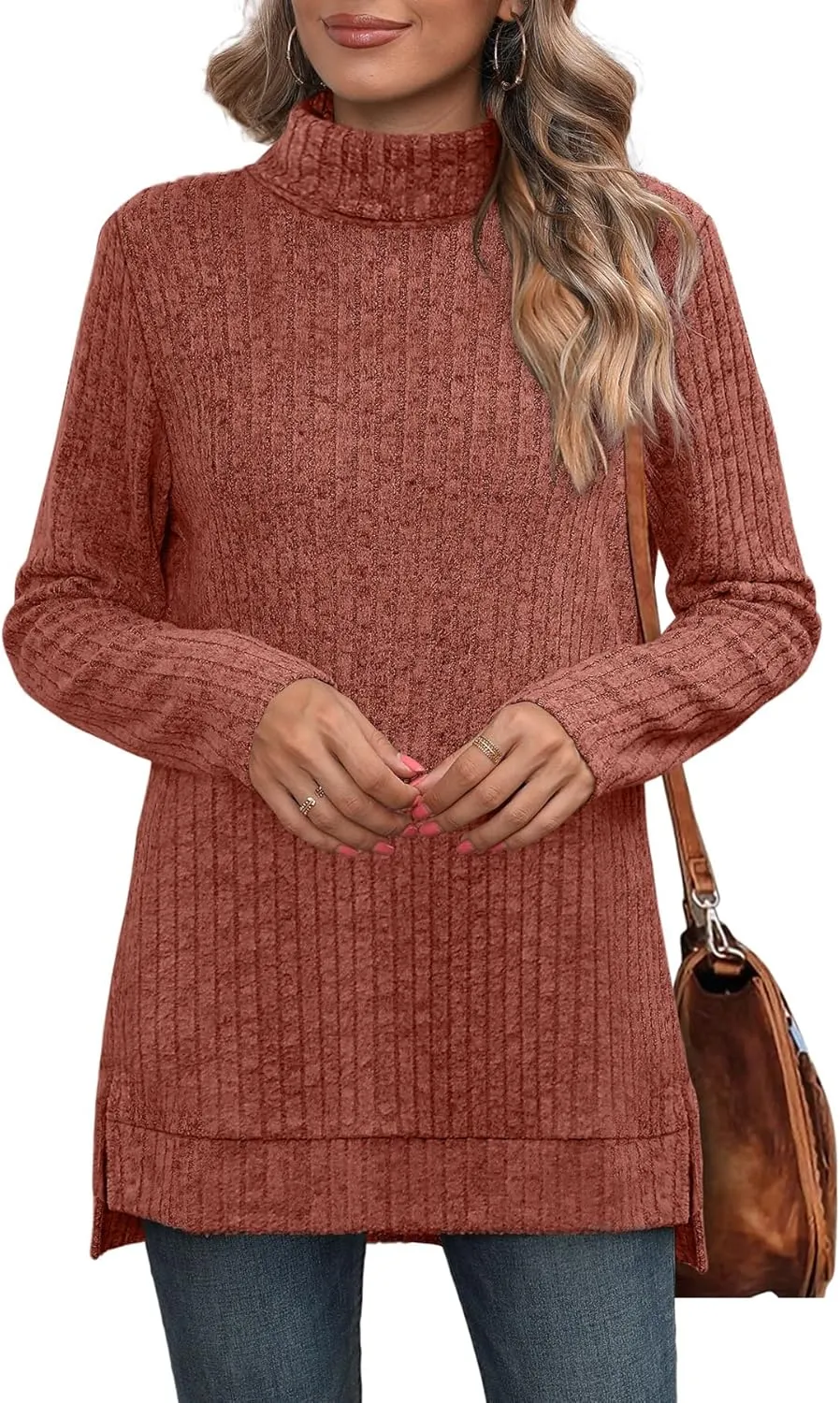 WIHOLL Womens Tunic Tops Turtleneck Long Sleeve Shirts Oversized Fall Sweaters Side Split High Low Hemline