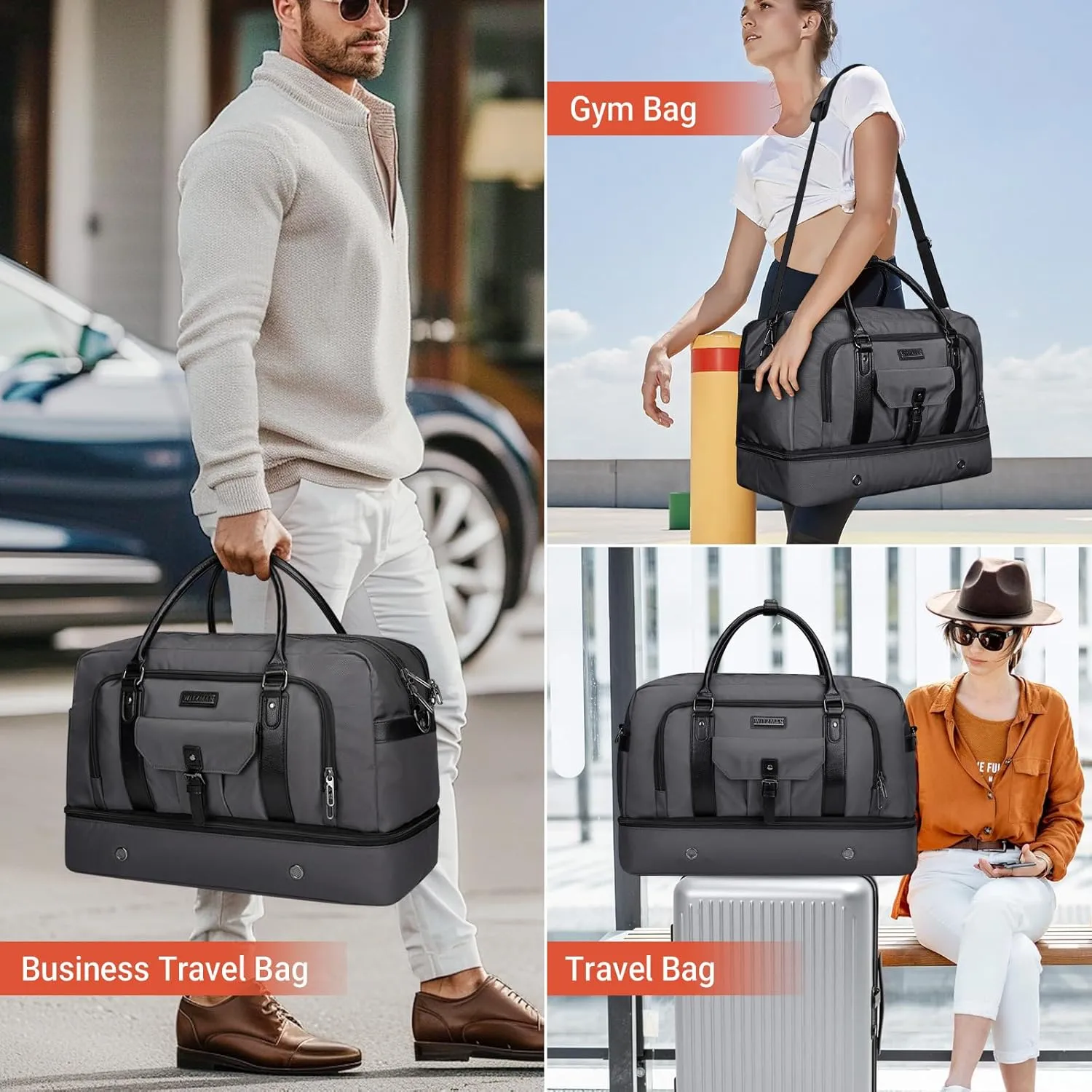 WITZMAN Weekender Bags for Men Women Carry On Duffle Overnight Bag with Toiletry Bag Sets Travel Duffel Bag Shoes Compartment B694 Silvery Grey