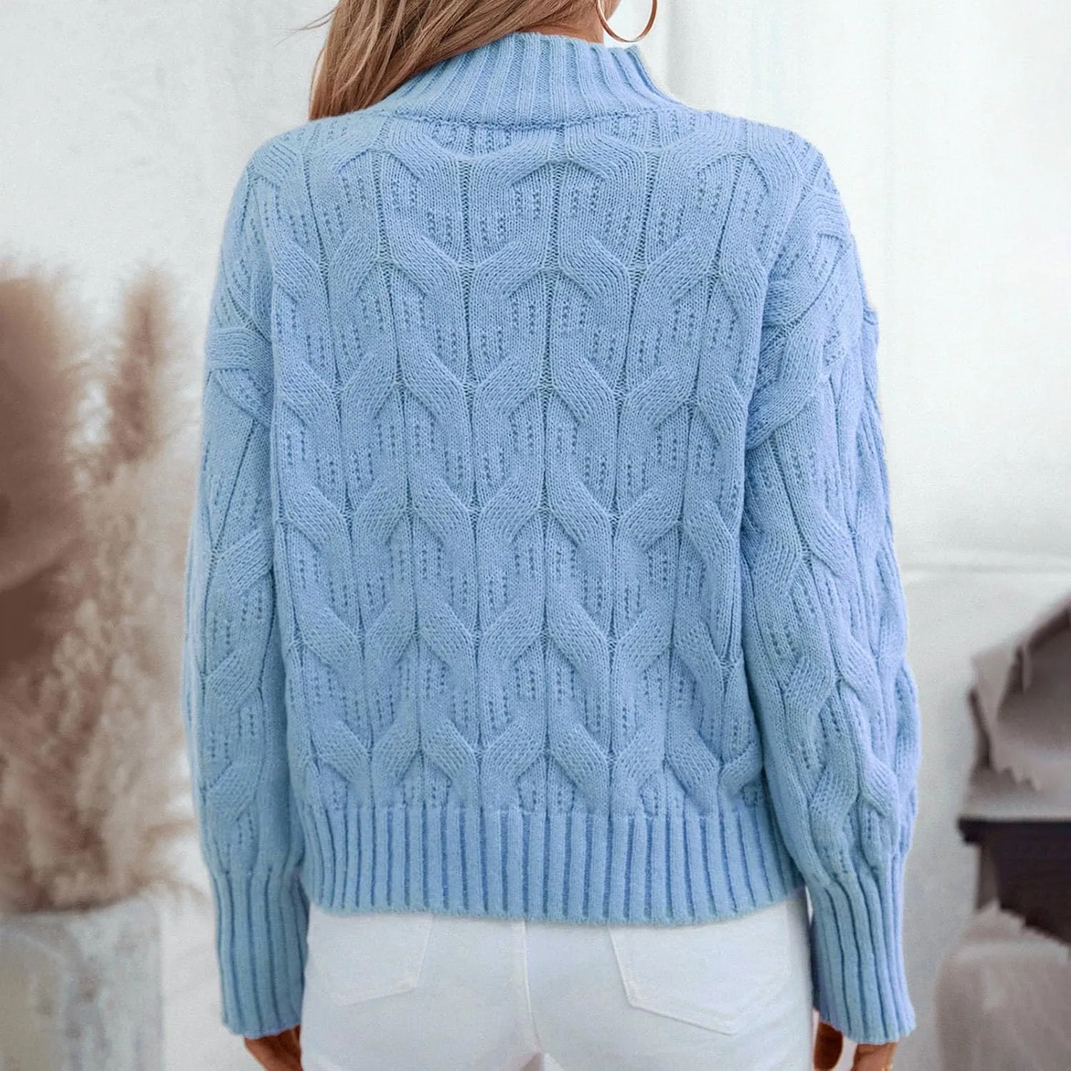 Women Cable Knit Sweater Tops Vintage Chunky Sweater Solid Crew Neck Long Sleeve Jumper Blouse Soft Pullover Shirt