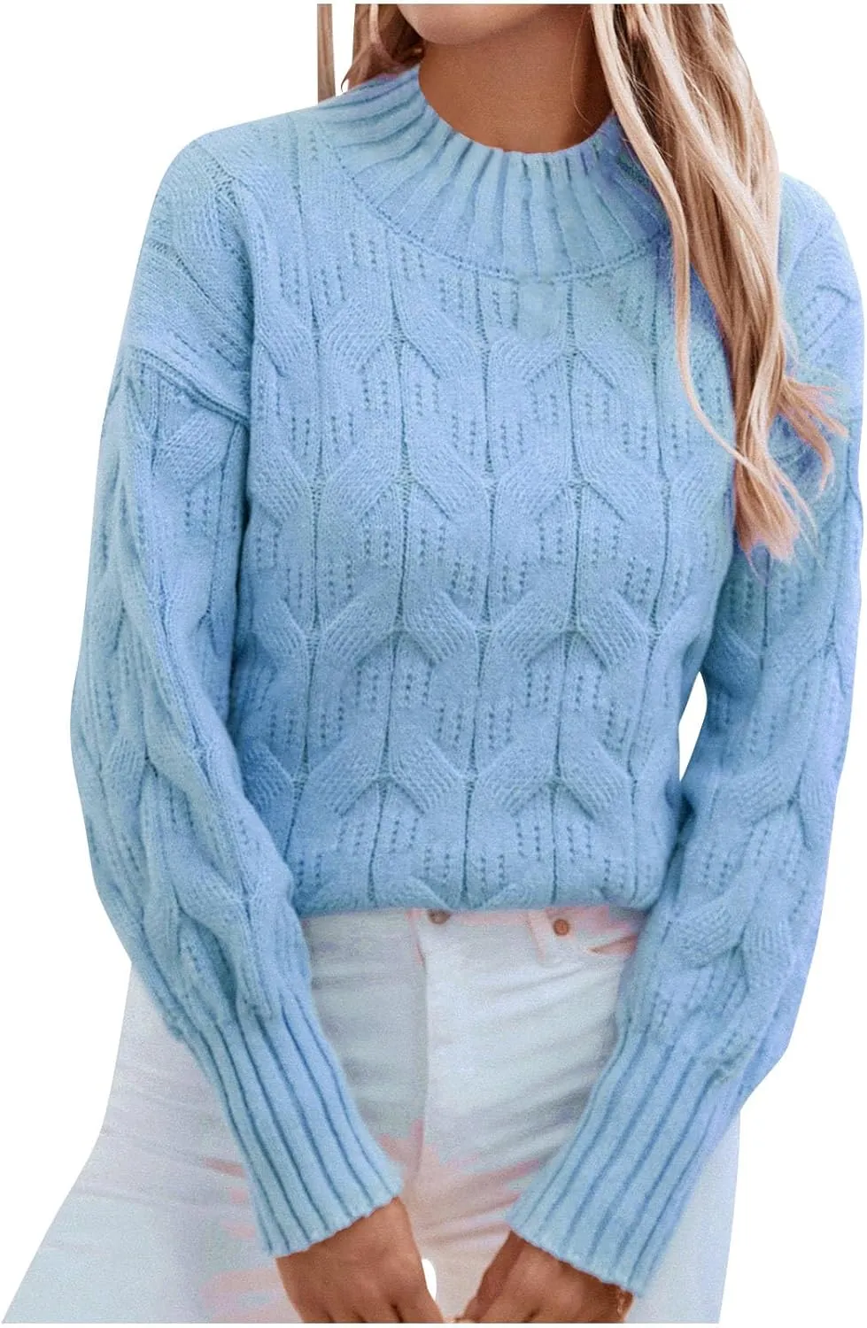 Women Cable Knit Sweater Tops Vintage Chunky Sweater Solid Crew Neck Long Sleeve Jumper Blouse Soft Pullover Shirt
