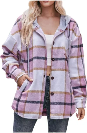 Women Plaid Shirt Hoodies Fall Lightweight Long Sleeve Button-Up Drawstring Shirt with Pockets Casual Outfits