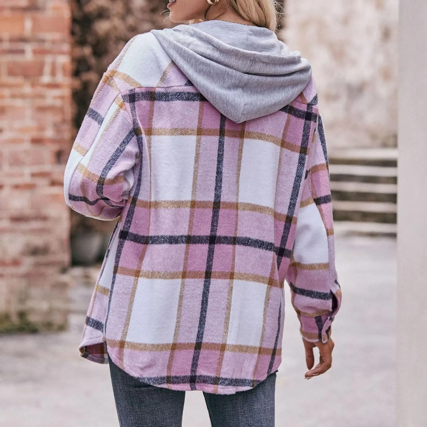 Women Plaid Shirt Hoodies Fall Lightweight Long Sleeve Button-Up Drawstring Shirt with Pockets Casual Outfits