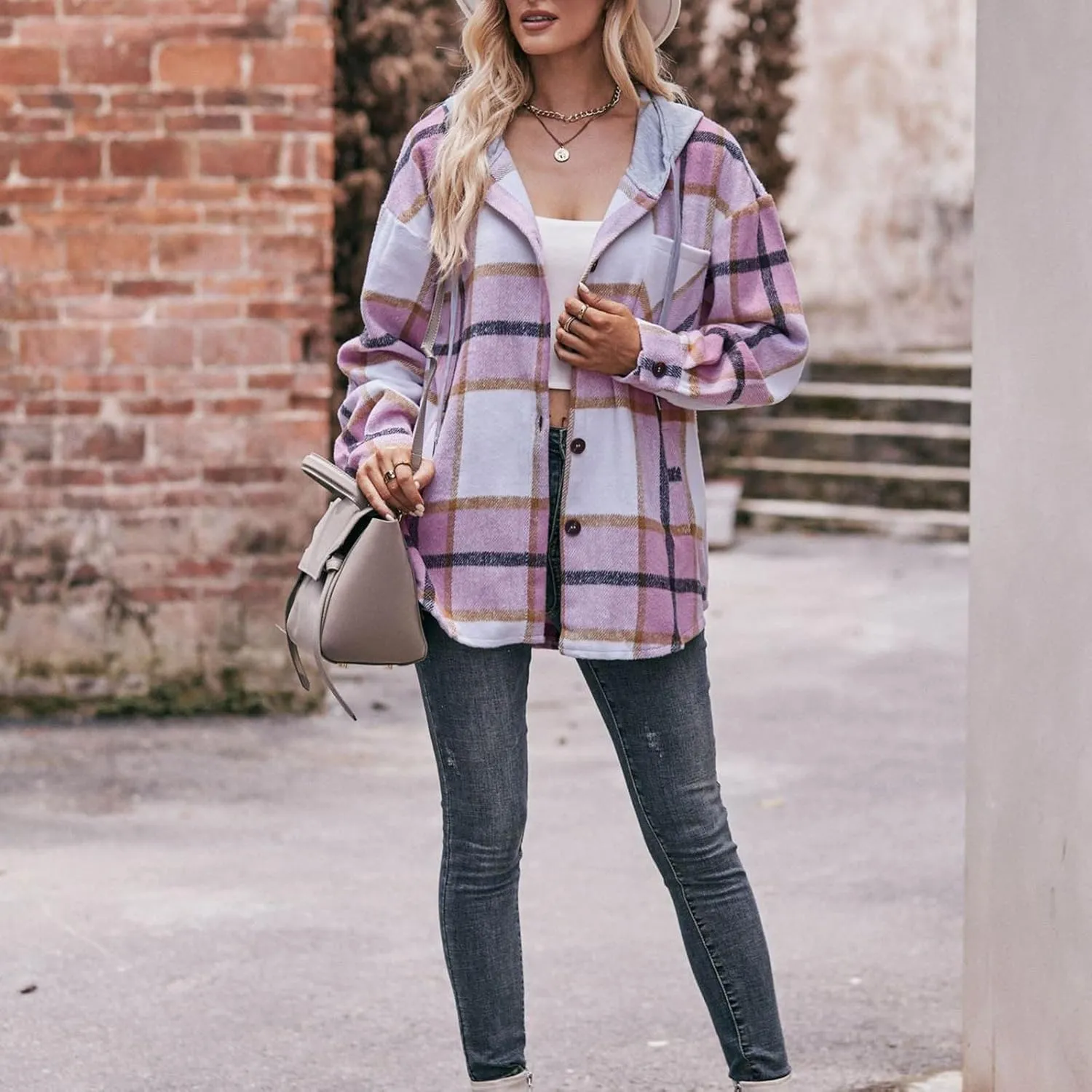 Women Plaid Shirt Hoodies Fall Lightweight Long Sleeve Button-Up Drawstring Shirt with Pockets Casual Outfits
