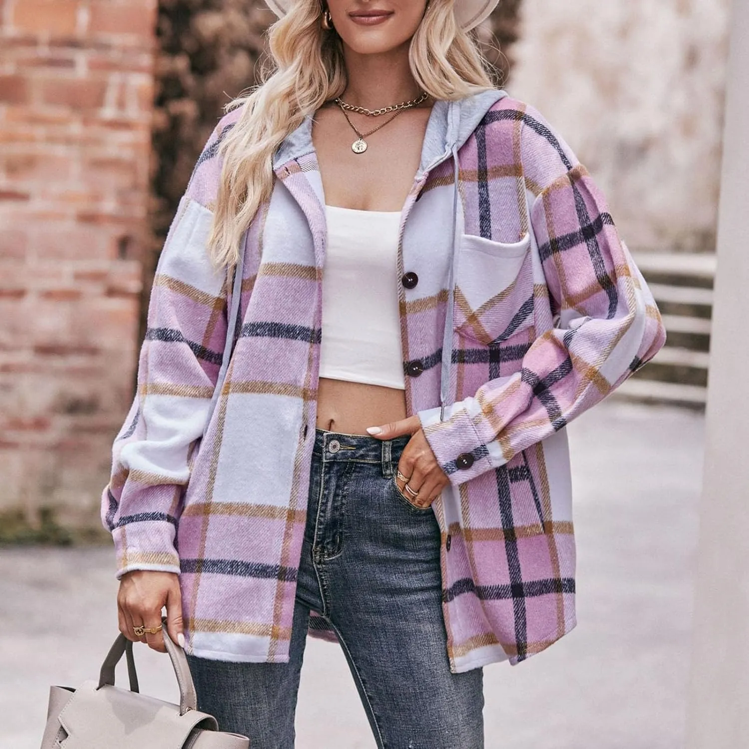 Women Plaid Shirt Hoodies Fall Lightweight Long Sleeve Button-Up Drawstring Shirt with Pockets Casual Outfits