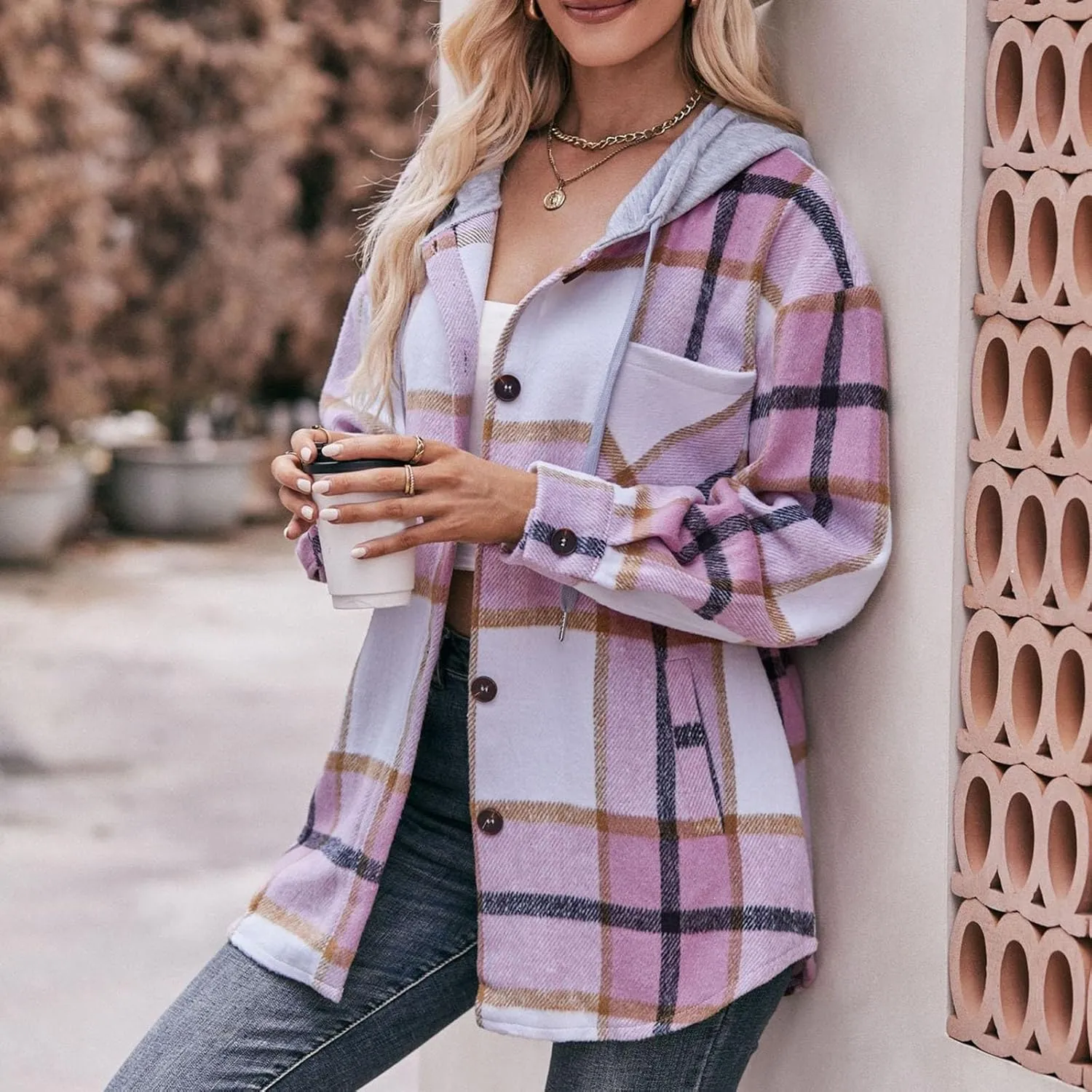 Women Plaid Shirt Hoodies Fall Lightweight Long Sleeve Button-Up Drawstring Shirt with Pockets Casual Outfits