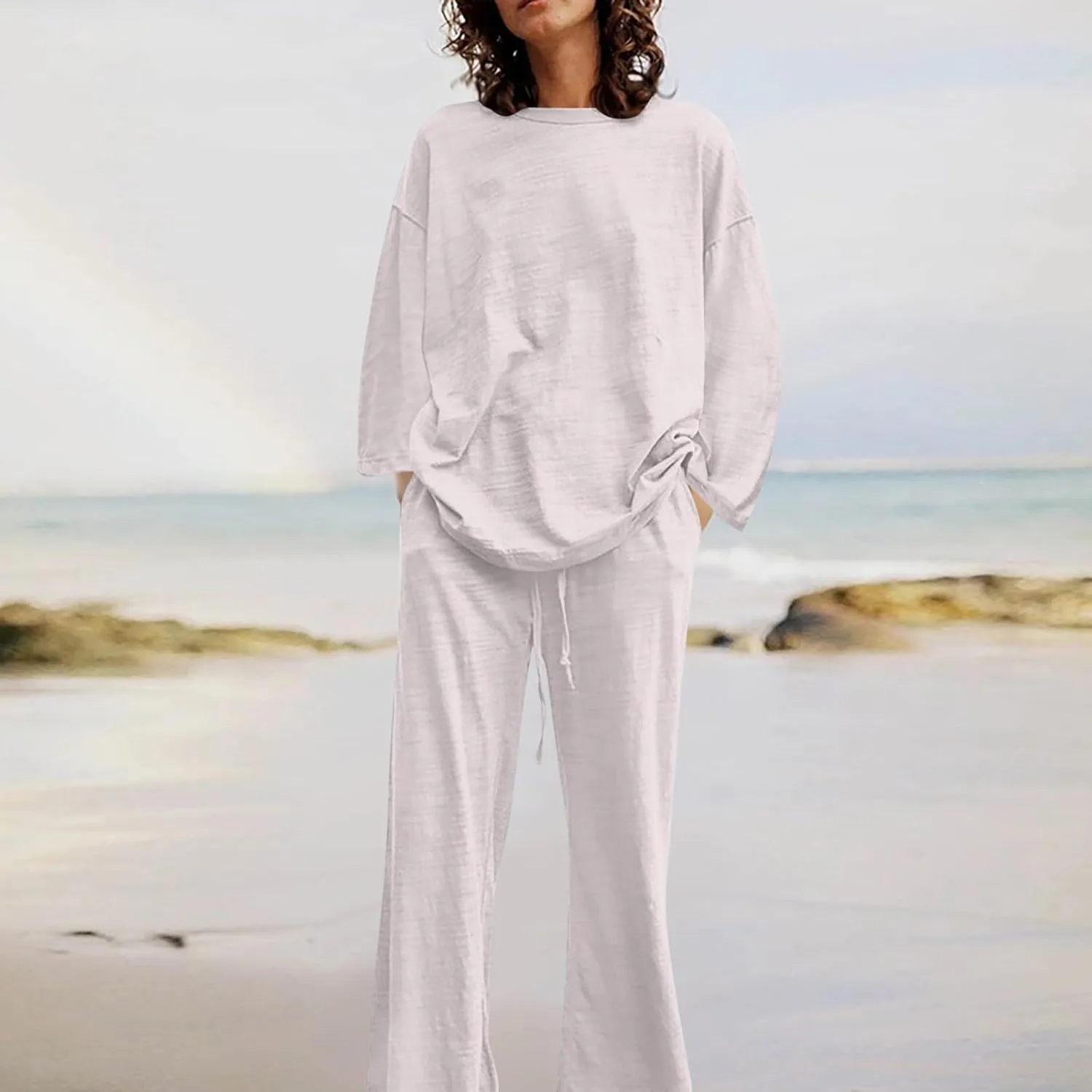 Women Summer 2 Piece Outfits O Neck Loose Short Sleeve Floral Print Top Shirt with Pants Fashion Plus Size Pajama Set