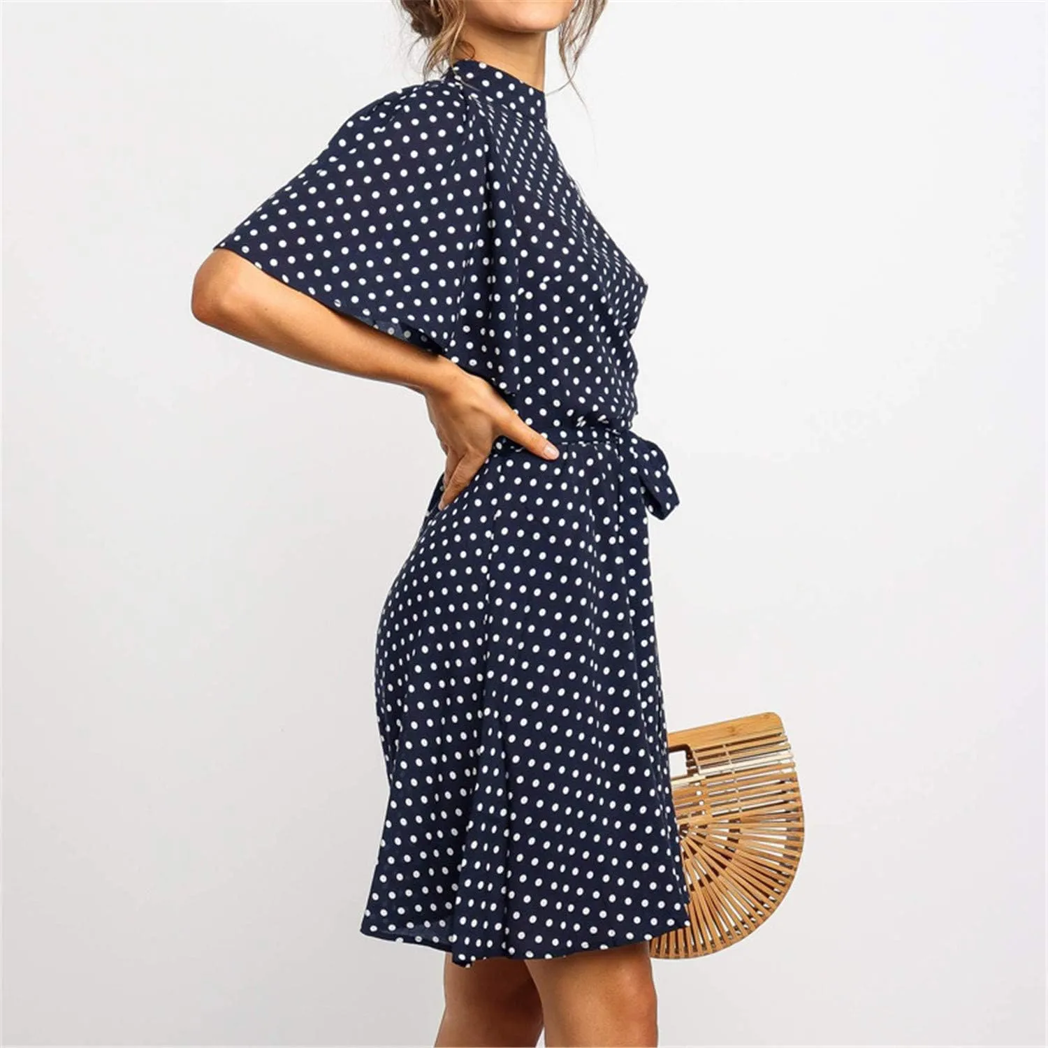 Women Summer Polka Dot Tunic Dress Casual Loose Flowy Swing Shift Dresses Short Sleeve Ruffle Trim Dress