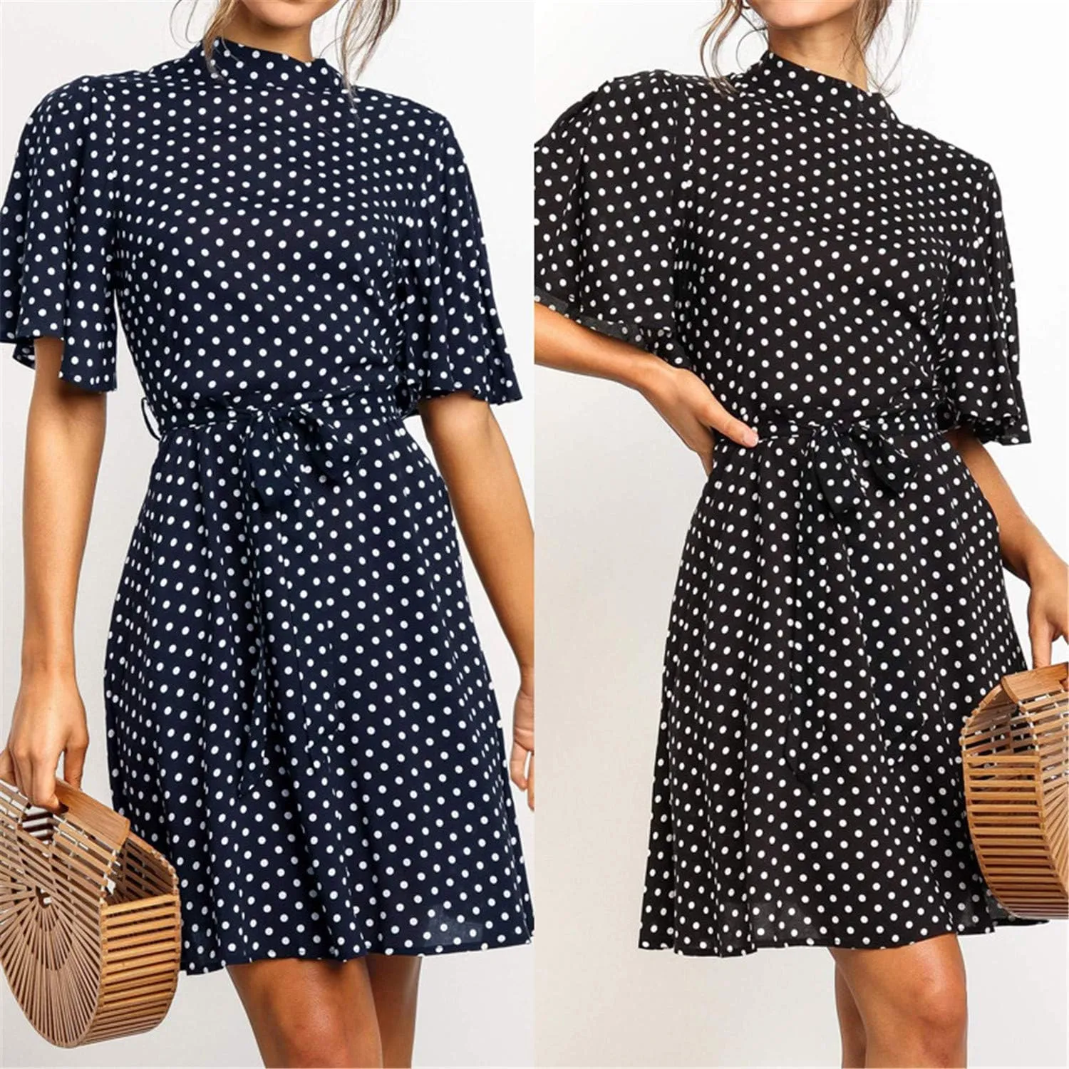 Women Summer Polka Dot Tunic Dress Casual Loose Flowy Swing Shift Dresses Short Sleeve Ruffle Trim Dress