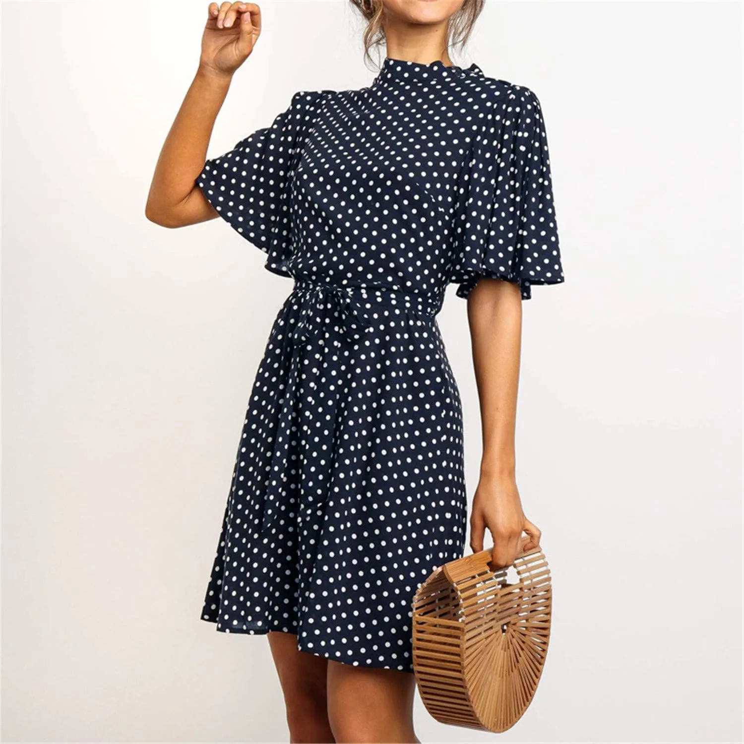 Women Summer Polka Dot Tunic Dress Casual Loose Flowy Swing Shift Dresses Short Sleeve Ruffle Trim Dress