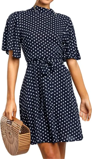 Women Summer Polka Dot Tunic Dress Casual Loose Flowy Swing Shift Dresses Short Sleeve Ruffle Trim Dress