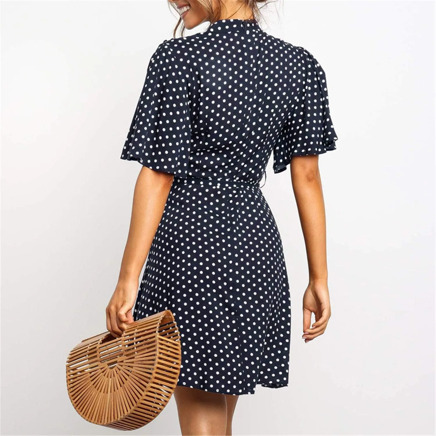 Women Summer Polka Dot Tunic Dress Casual Loose Flowy Swing Shift Dresses Short Sleeve Ruffle Trim Dress