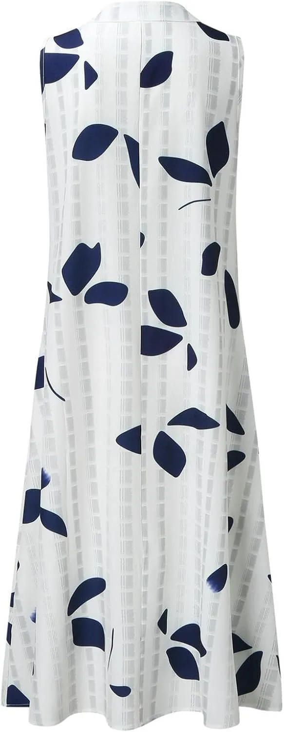 Womens 2023 Summer Casual Tank Dress Sleeveless Button Up V Neck Print Hem Swing Midi Sundress with Pocket Mid Calf Length