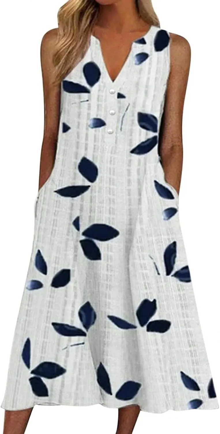 Womens 2023 Summer Casual Tank Dress Sleeveless Button Up V Neck Print Hem Swing Midi Sundress with Pocket Mid Calf Length