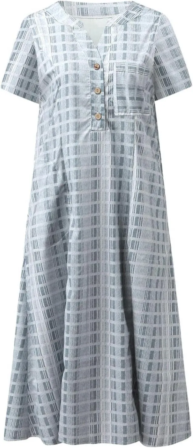 Womens 2023 Summer Casual Tank Dress Sleeveless Button Up V Neck Print Hem Swing Midi Sundress with Pocket Mid Calf Length