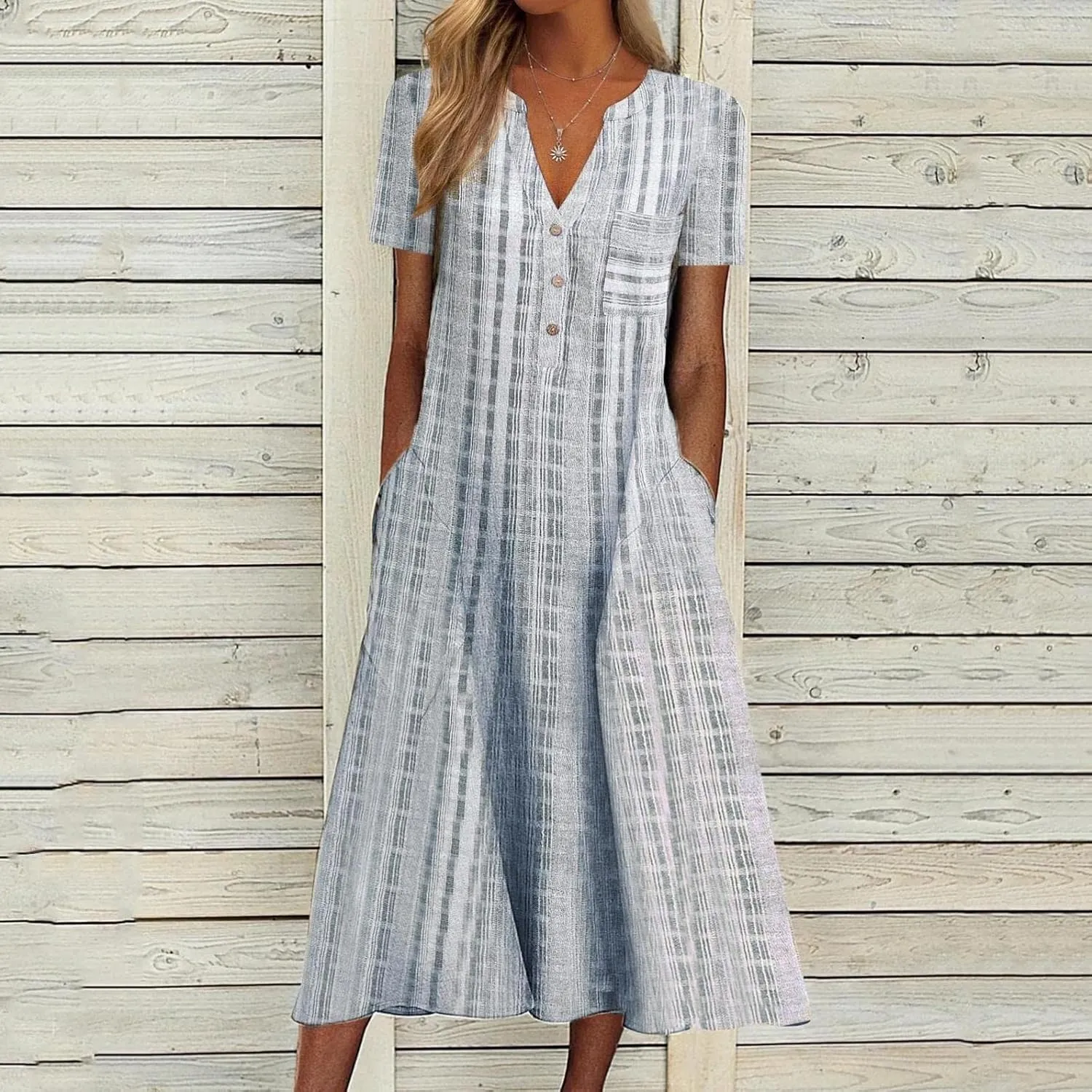 Womens 2023 Summer Casual Tank Dress Sleeveless Button Up V Neck Print Hem Swing Midi Sundress with Pocket Mid Calf Length
