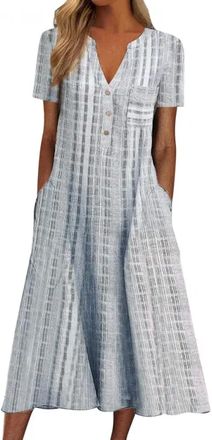 Womens 2023 Summer Casual Tank Dress Sleeveless Button Up V Neck Print Hem Swing Midi Sundress with Pocket Mid Calf Length