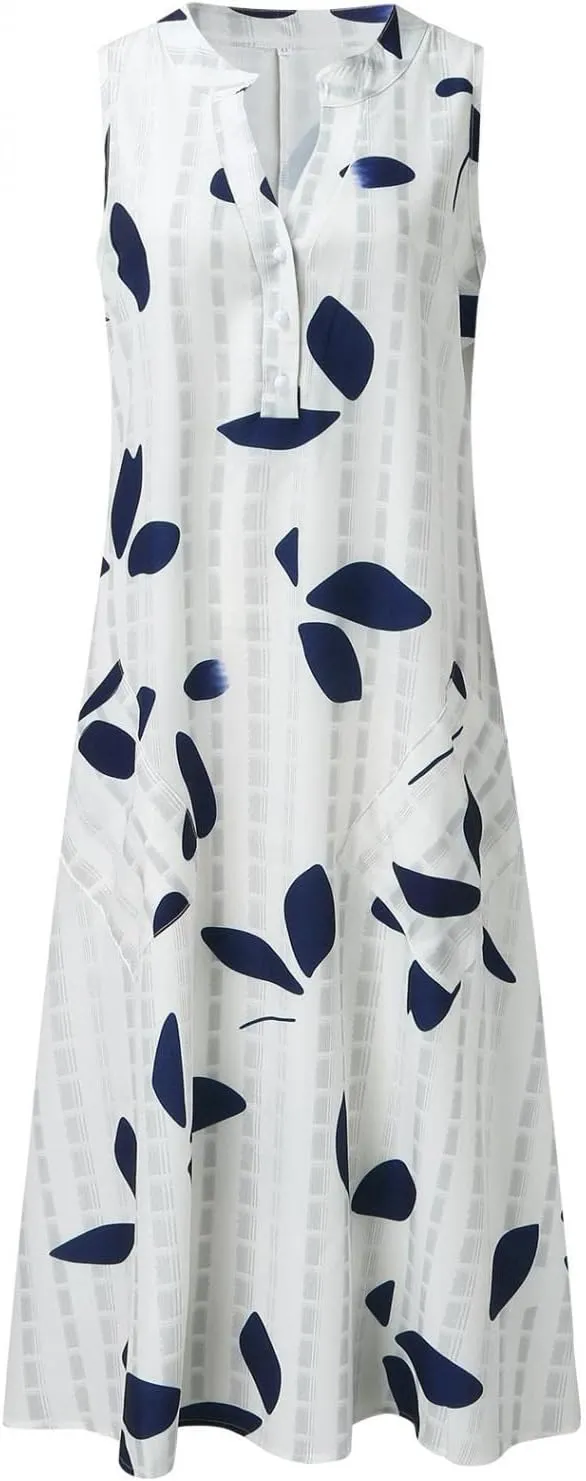 Womens 2023 Summer Casual Tank Dress Sleeveless Button Up V Neck Print Hem Swing Midi Sundress with Pocket Mid Calf Length
