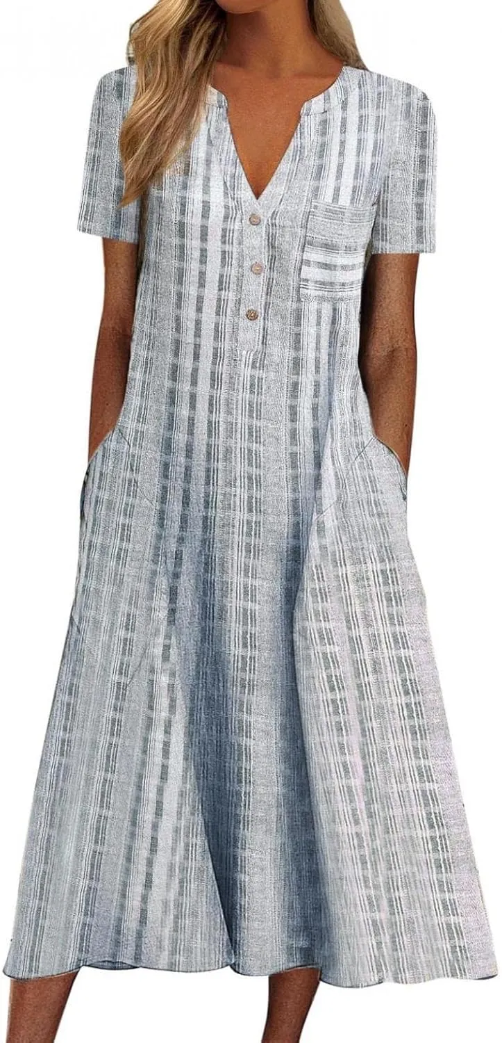 Womens 2023 Summer Casual Tank Dress Sleeveless Button Up V Neck Print Hem Swing Midi Sundress with Pocket Mid Calf Length