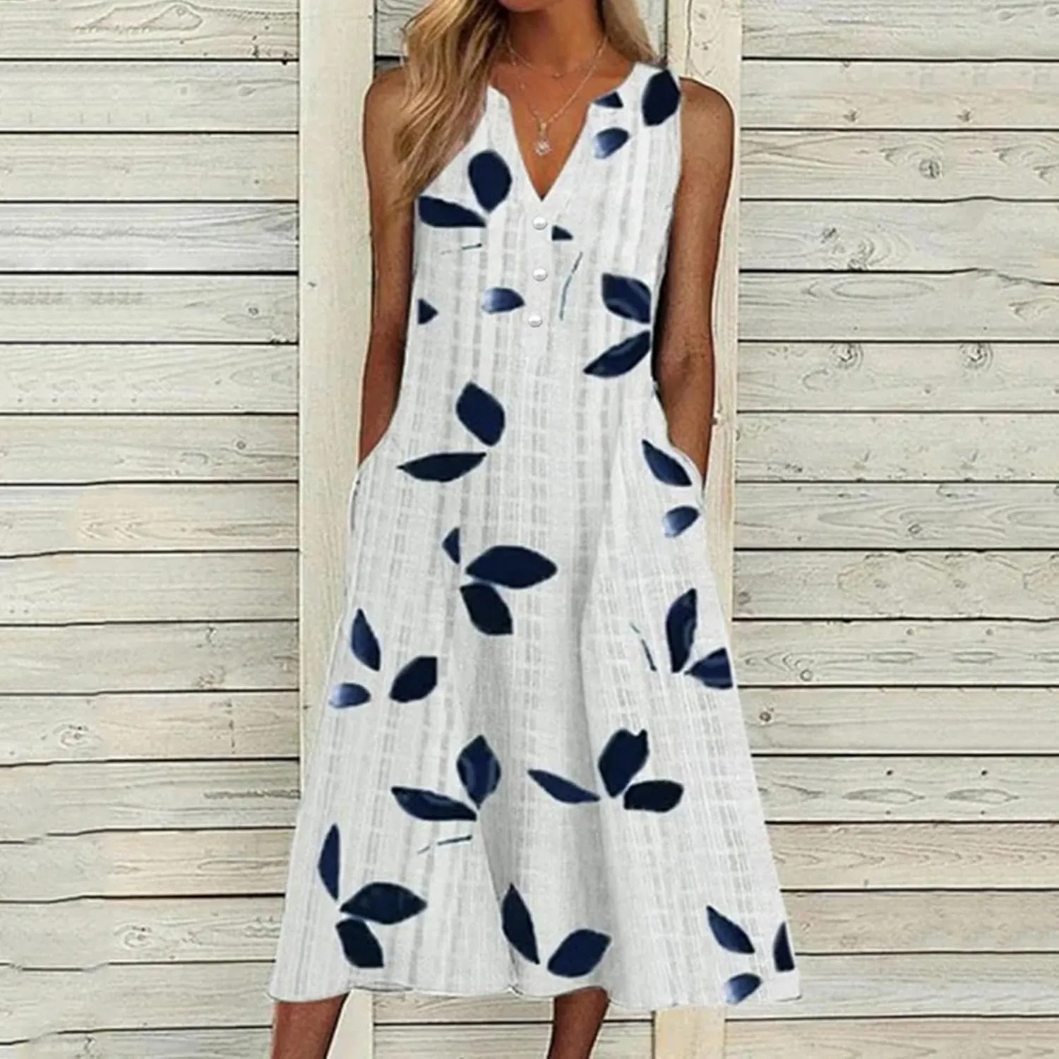 Womens 2023 Summer Casual Tank Dress Sleeveless Button Up V Neck Print Hem Swing Midi Sundress with Pocket Mid Calf Length