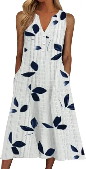 Womens 2023 Summer Casual Tank Dress Sleeveless Button Up V Neck Print Hem Swing Midi Sundress with Pocket Mid Calf Length