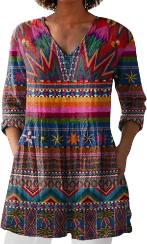 Womens 3/4 Length Sleeve Tops Summer V Neck Shirts Boho Floral Print Blouses Pleated Loose Fit Tunic with Pockets