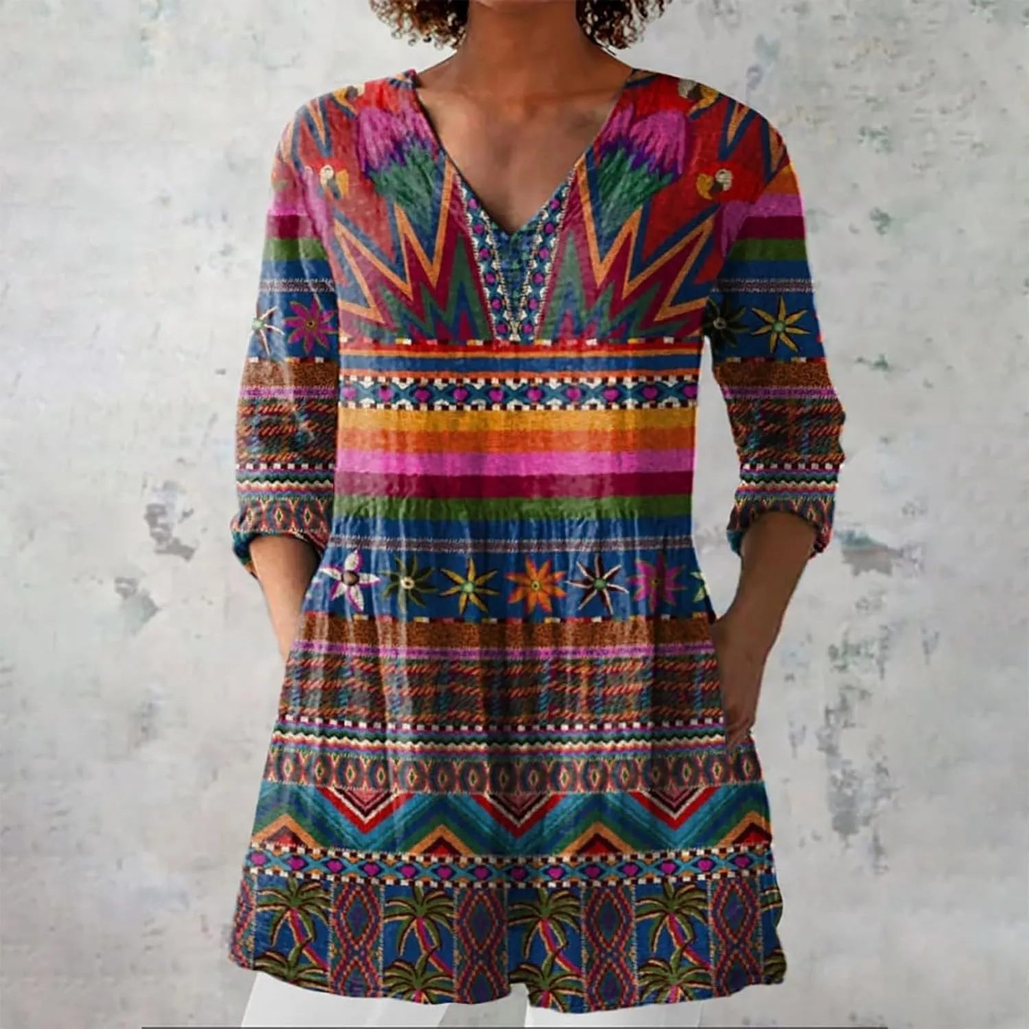 Womens 3/4 Length Sleeve Tops Summer V Neck Shirts Boho Floral Print Blouses Pleated Loose Fit Tunic with Pockets