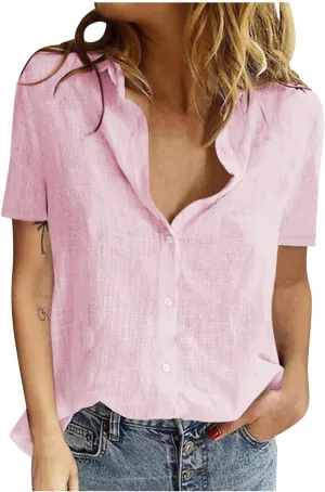 Womens Button Down Shirts Cotton Linen Summer Tops V Neck Short Sleeve Blouses Business Casual Work T Shirt Outfits