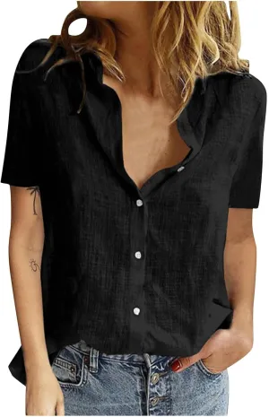 Womens Button Down Shirts Cotton Linen Summer Tops V Neck Short Sleeve Blouses Business Casual Work T Shirt Outfits